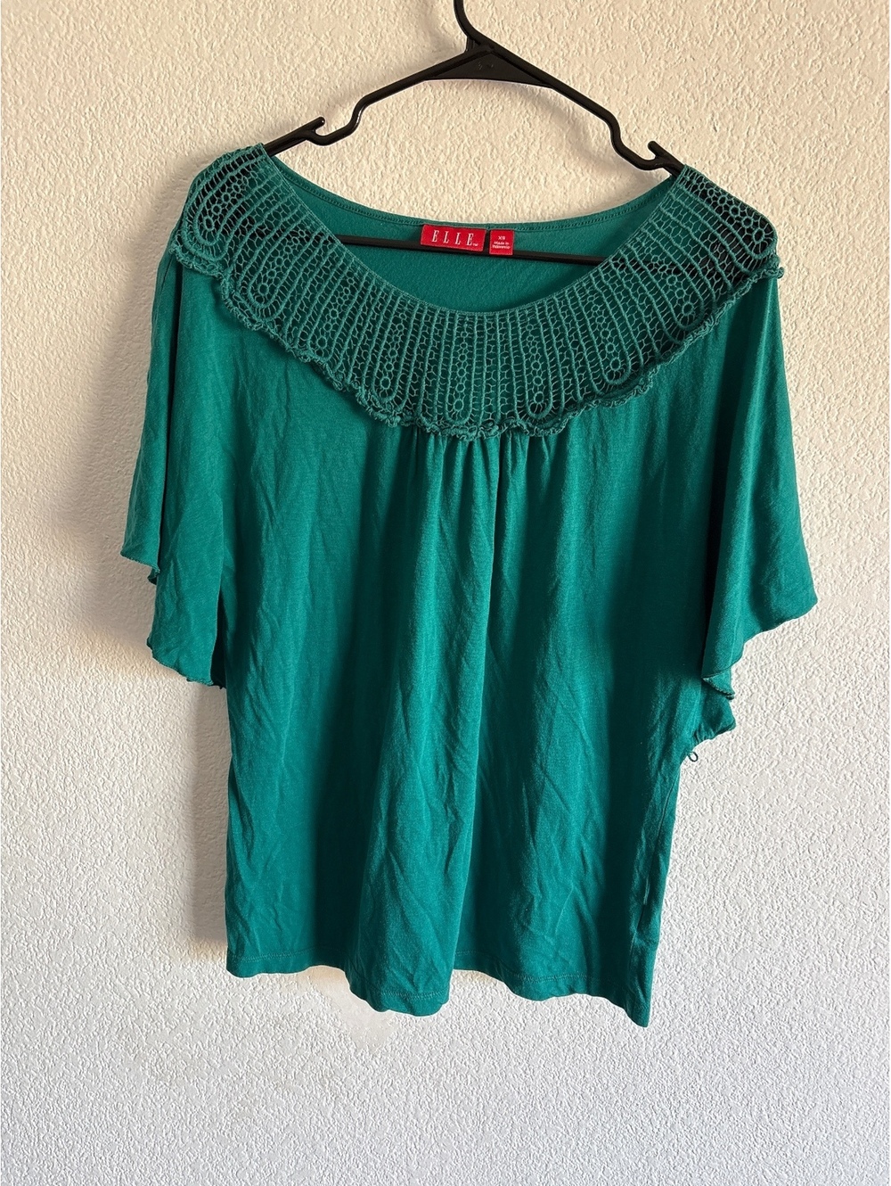 Elle Women's Teal Green Crochet Neckline Top, Size XS